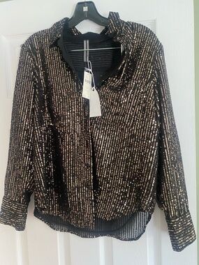 Anthropologie Black Sequin Striped Button-Up shirt